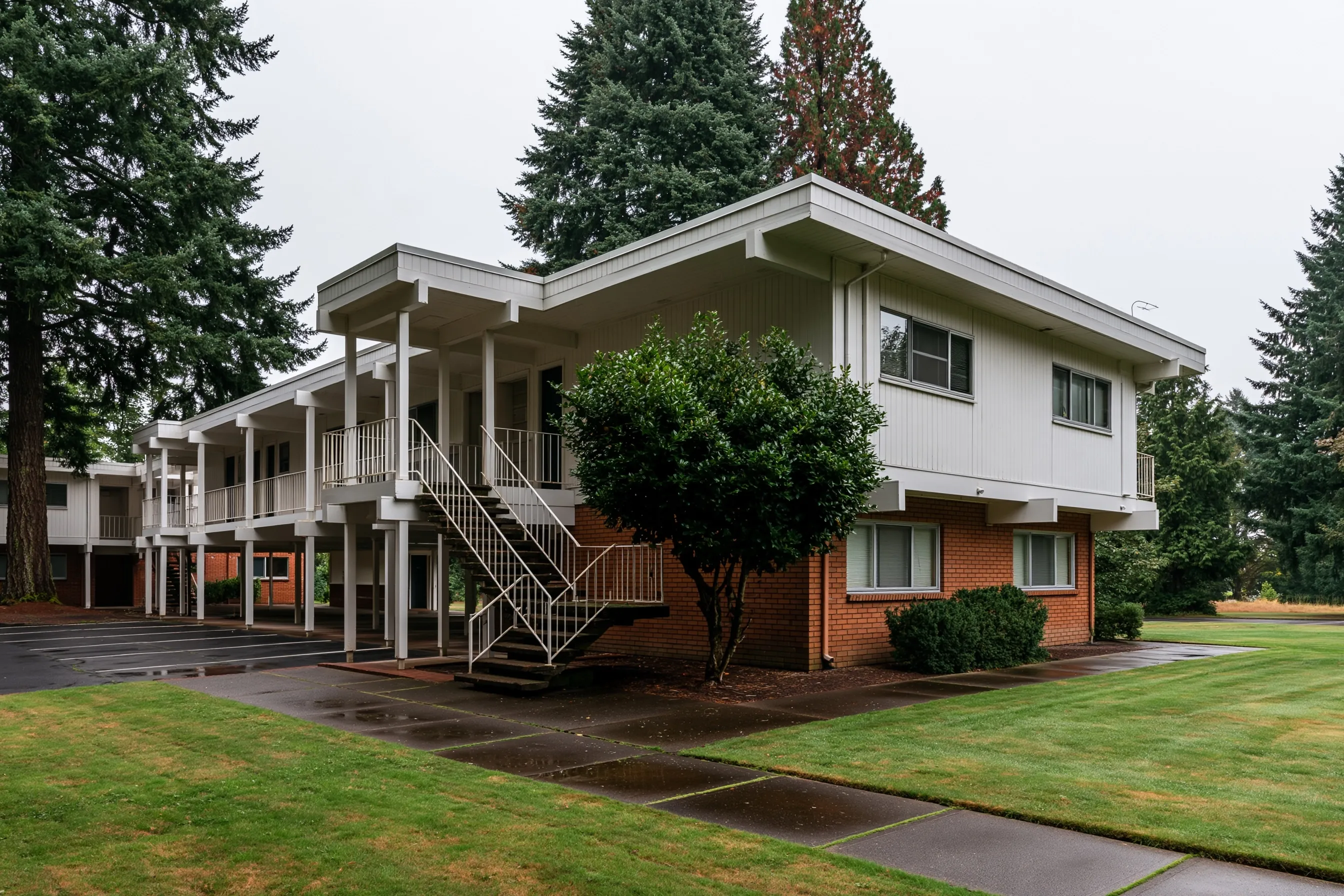 Two-story 1960s garden apartment building with open walkways and stairs, white siding over a brick base, firs and a wet lawn