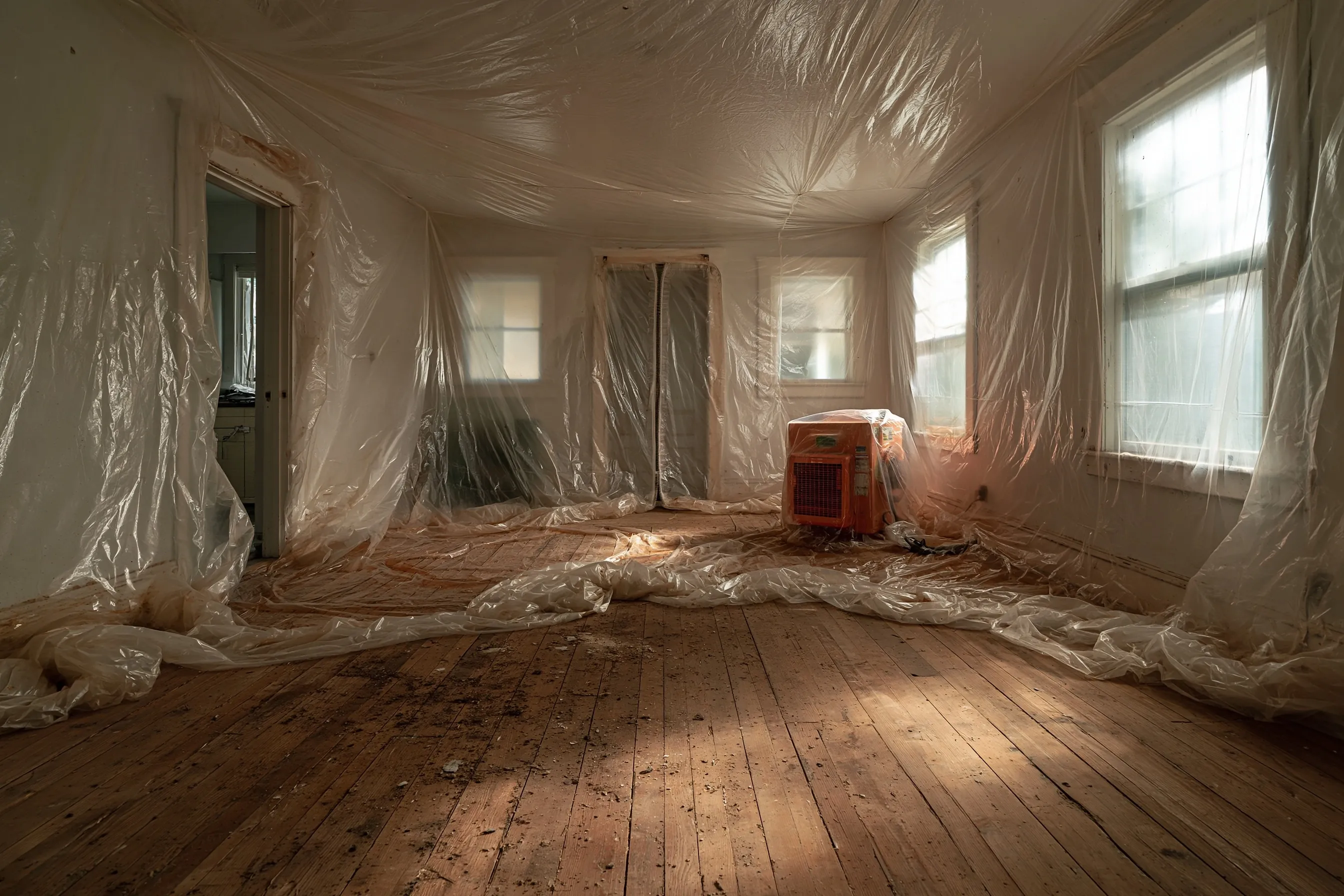 Empty room closed off with a sealed plastic containment partition and air-filtration equipment