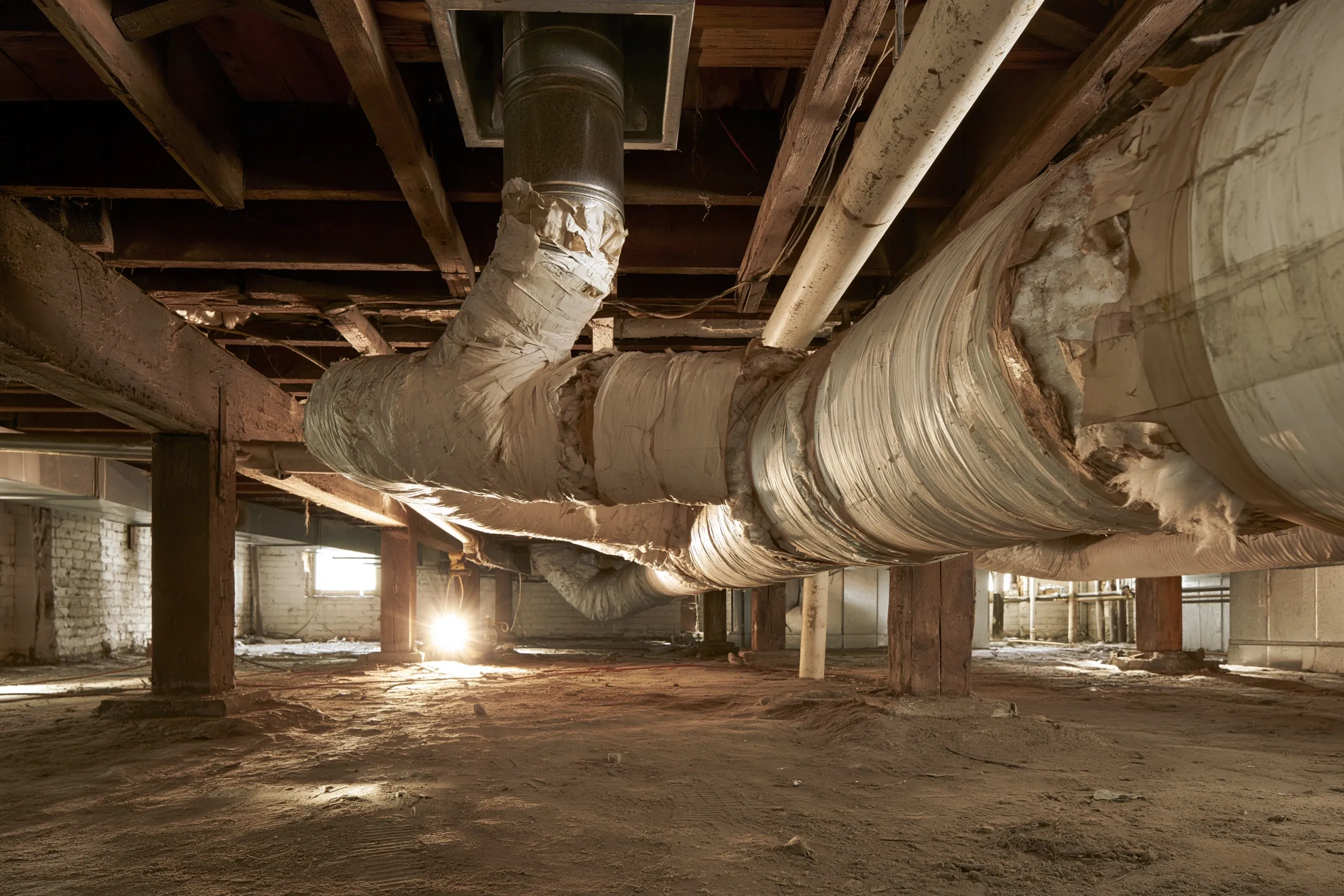 Old white-wrapped heating duct and register boot in a basement