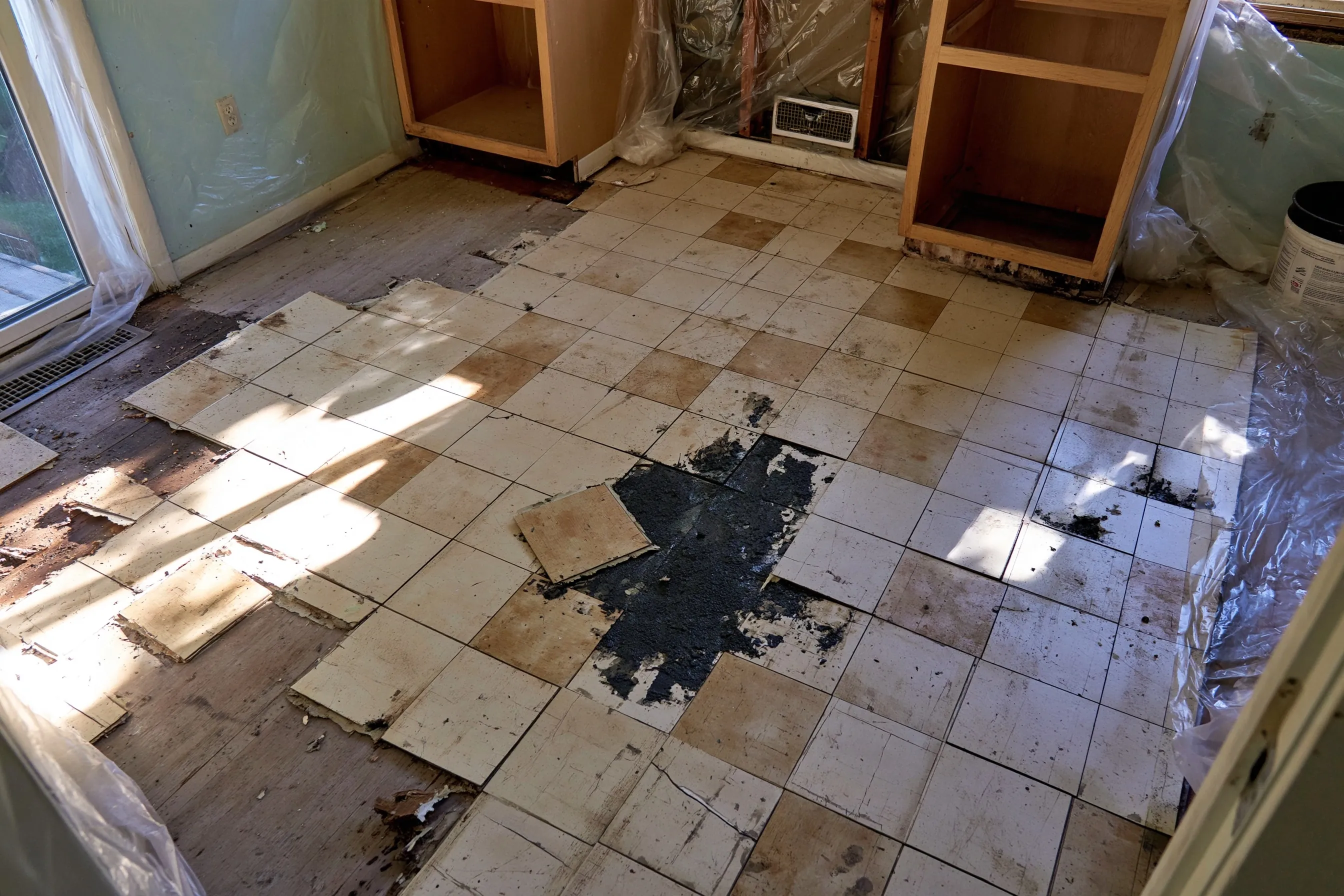 Nine-inch vinyl floor tiles with black mastic partly exposed in an older kitchen