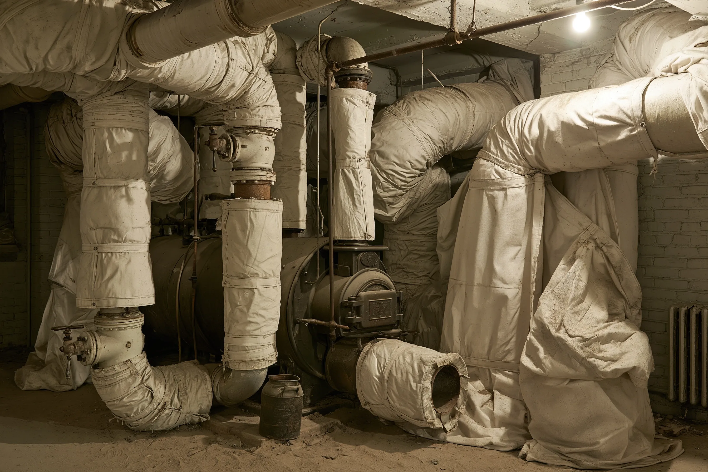 Old boiler and pipe runs wrapped in white insulation in a basement mechanical room