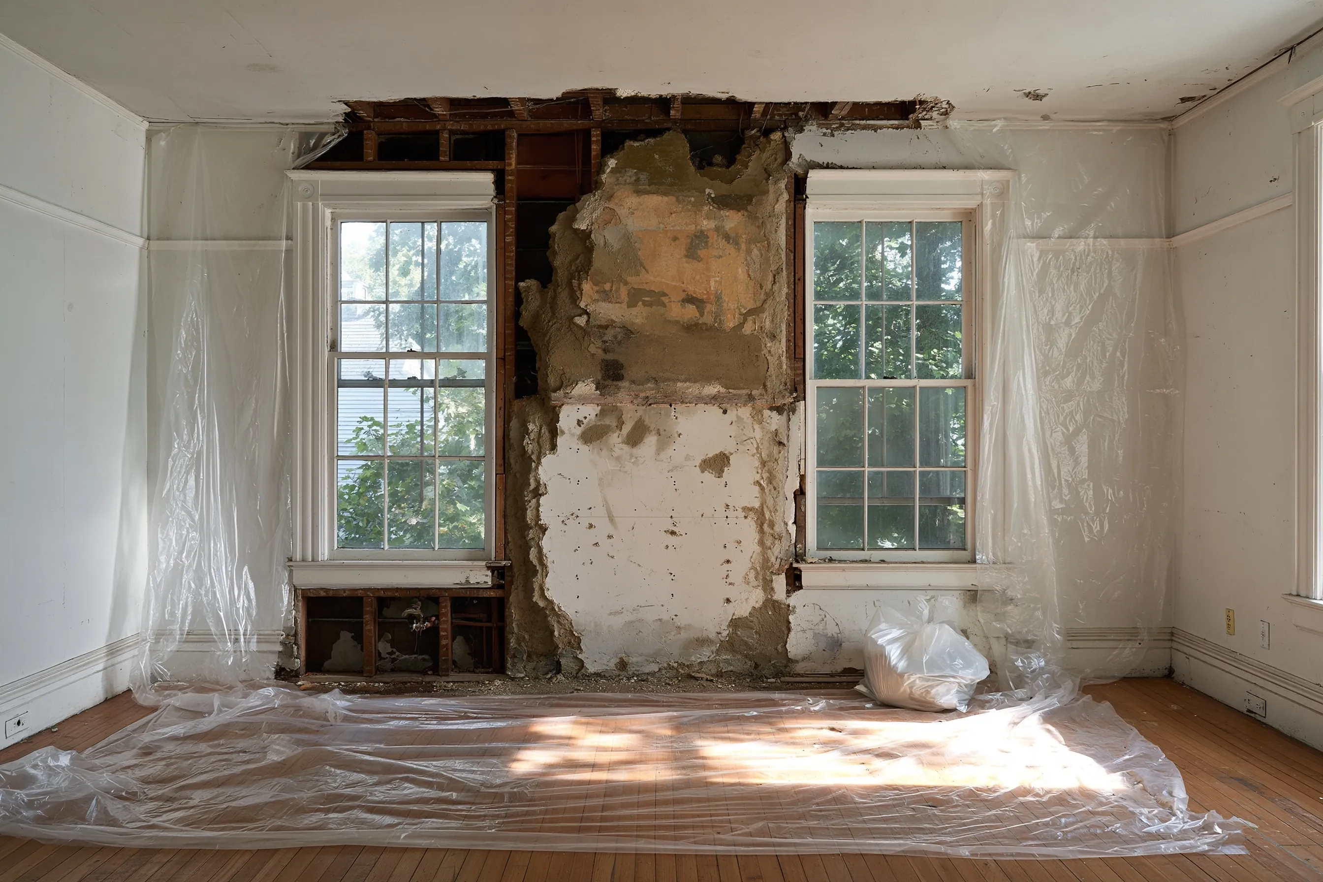 Older plaster and drywall wall opened during a remodel, with joint compound visible