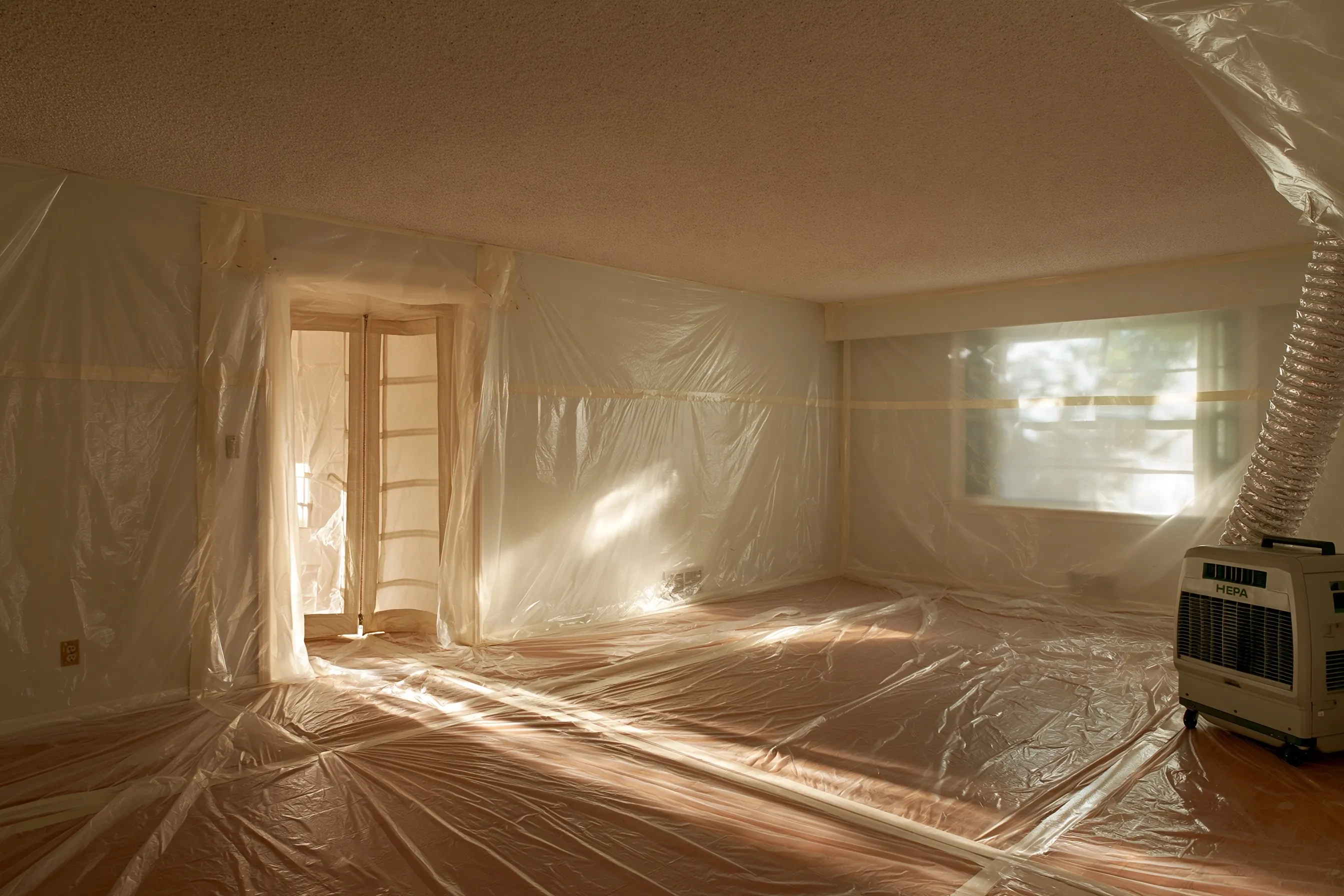 Popcorn ceiling in a 1970s living room sealed off with plastic sheeting