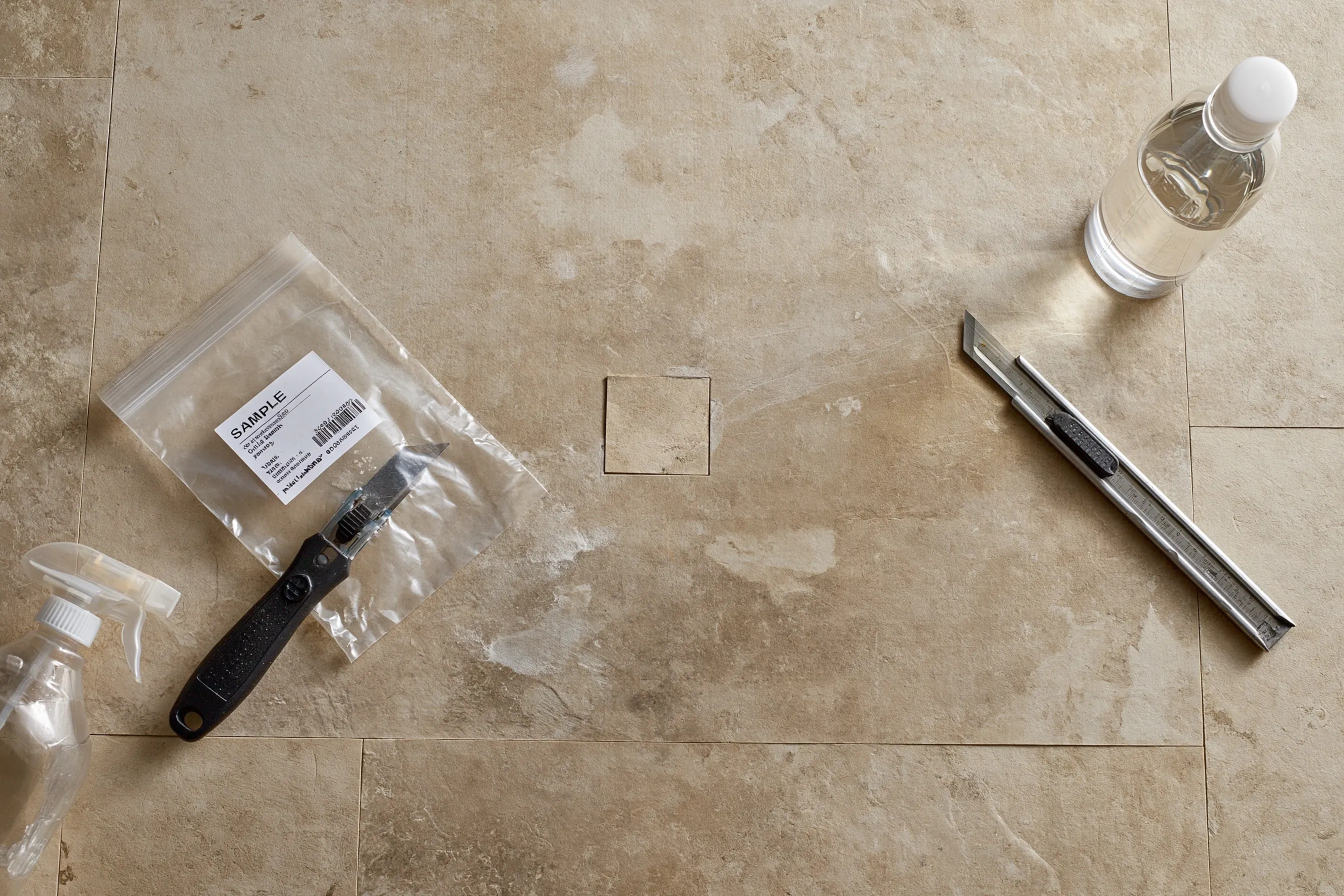 Labeled sample bags and a sampling tool beside a small cut in a floor